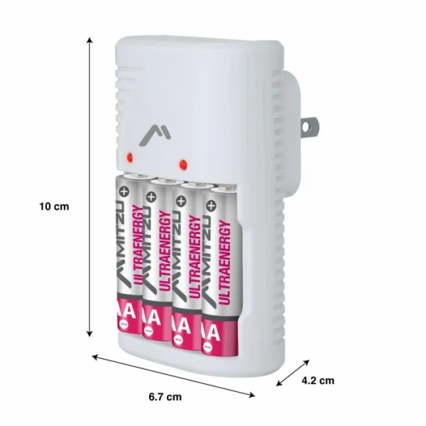 Cargador de pilas AA, AAA y 9V de clavija, incluye 4 pilas