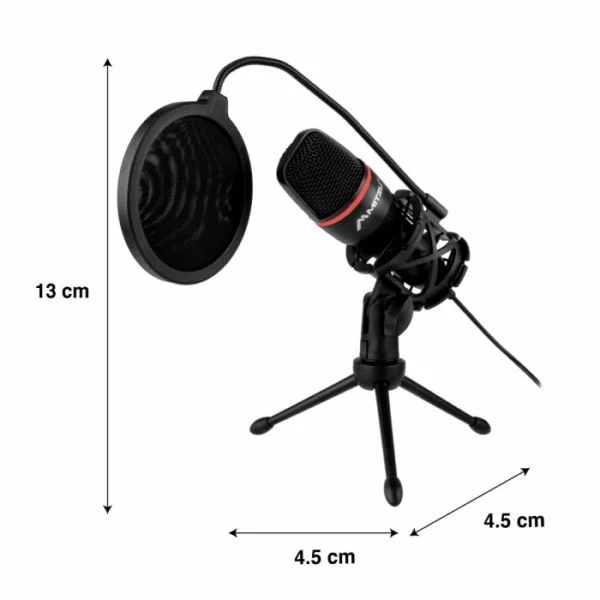 Micrófono unidireccional condensador con filtro anti-pop, negro