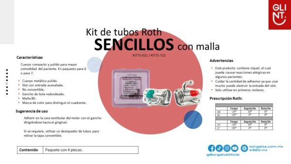 Kit de tubos Glinth Roth UR/UL/LR/LL sencillos c/malla .022